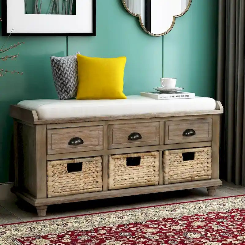 Rustic Storage Bench with Cushion, 3 Drawers & 3 Rattan Baskets