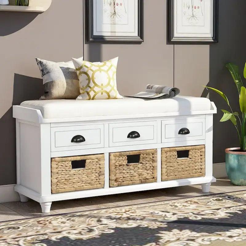 Rustic Storage Bench with Cushion, 3 Drawers & 3 Rattan Baskets