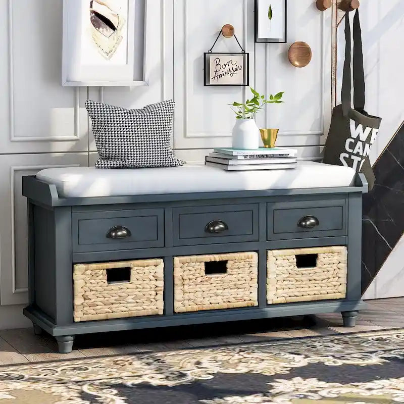 Rustic Storage Bench with Cushion, 3 Drawers & 3 Rattan Baskets