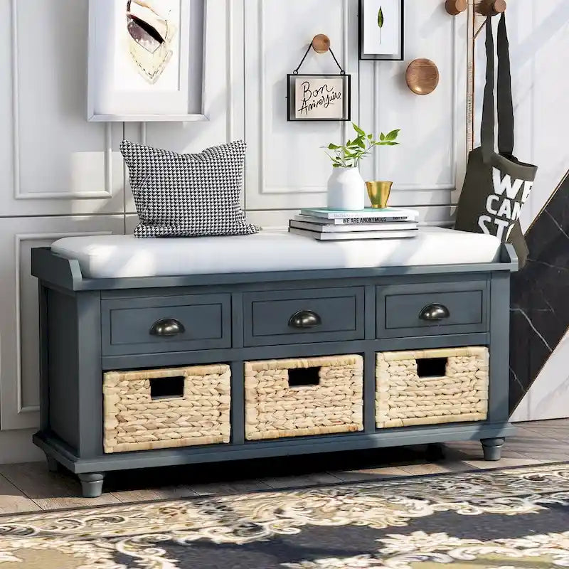 Rustic Storage Bench with Cushion, 3 Drawers & 3 Rattan Baskets