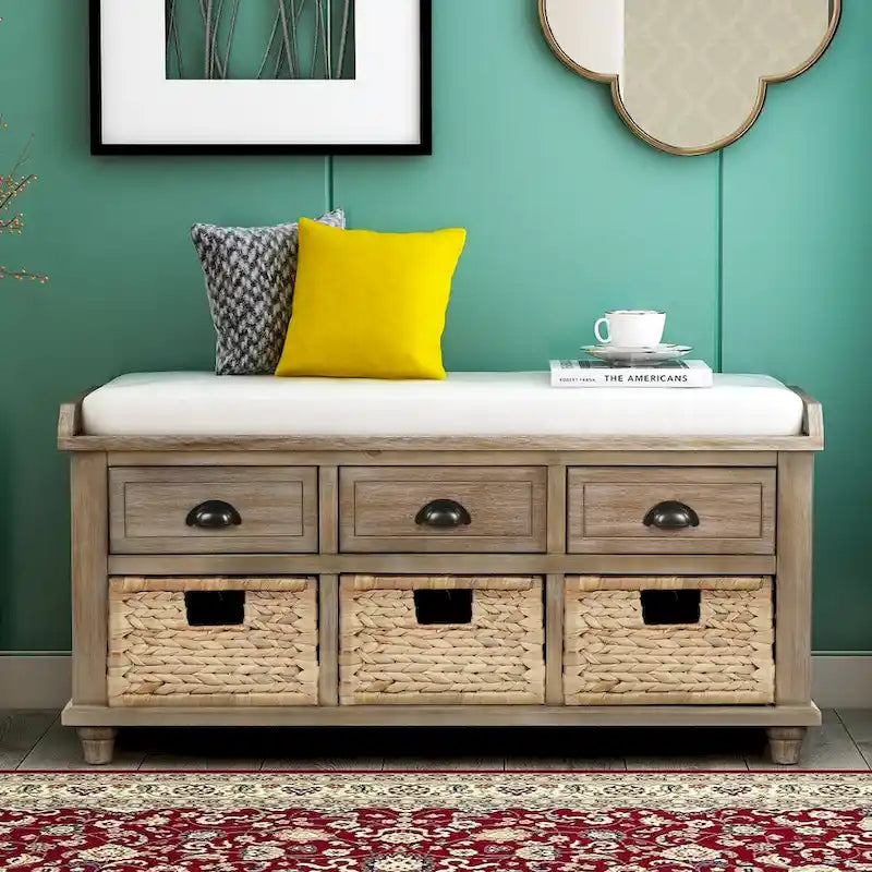 Rustic Storage Bench with Cushion, 3 Drawers & 3 Rattan Baskets