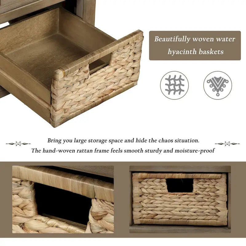 Rustic Storage Bench with Cushion, 3 Drawers & 3 Rattan Baskets