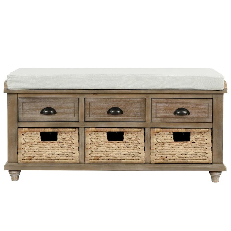 Rustic Storage Bench with Cushion, 3 Drawers & 3 Rattan Baskets