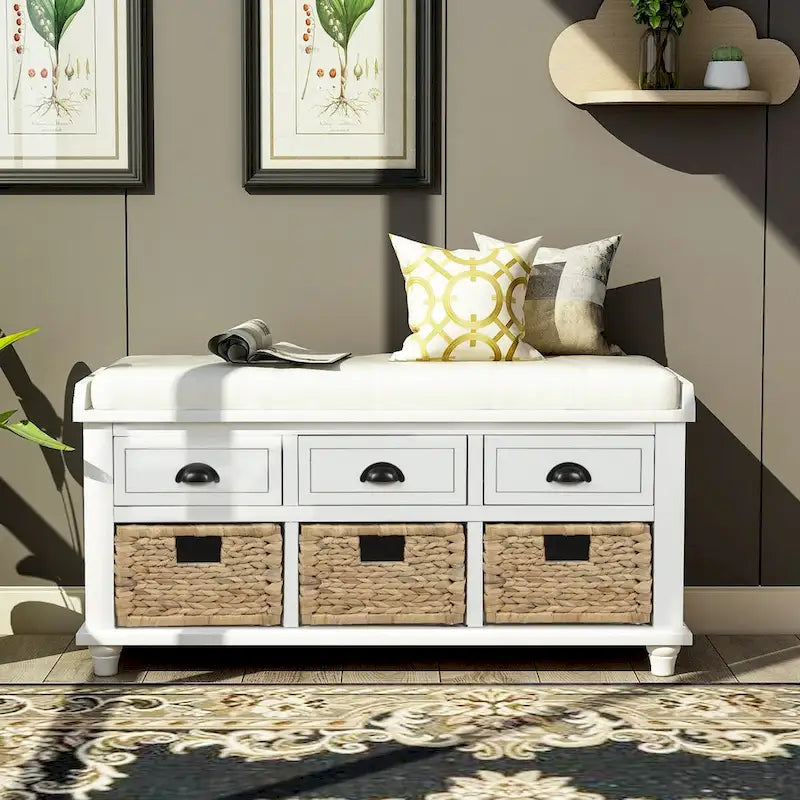 Rustic Storage Bench with Cushion, 3 Drawers & 3 Rattan Baskets