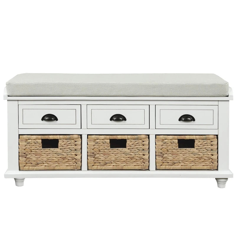 Rustic Storage Bench with Cushion, 3 Drawers & 3 Rattan Baskets