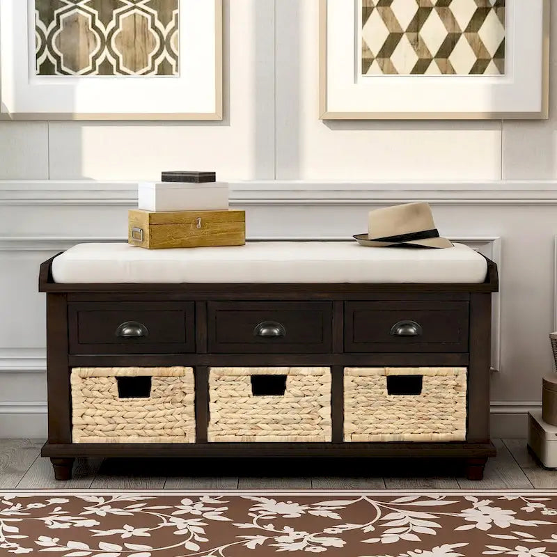 Rustic Storage Bench with Cushion, 3 Drawers & 3 Rattan Baskets