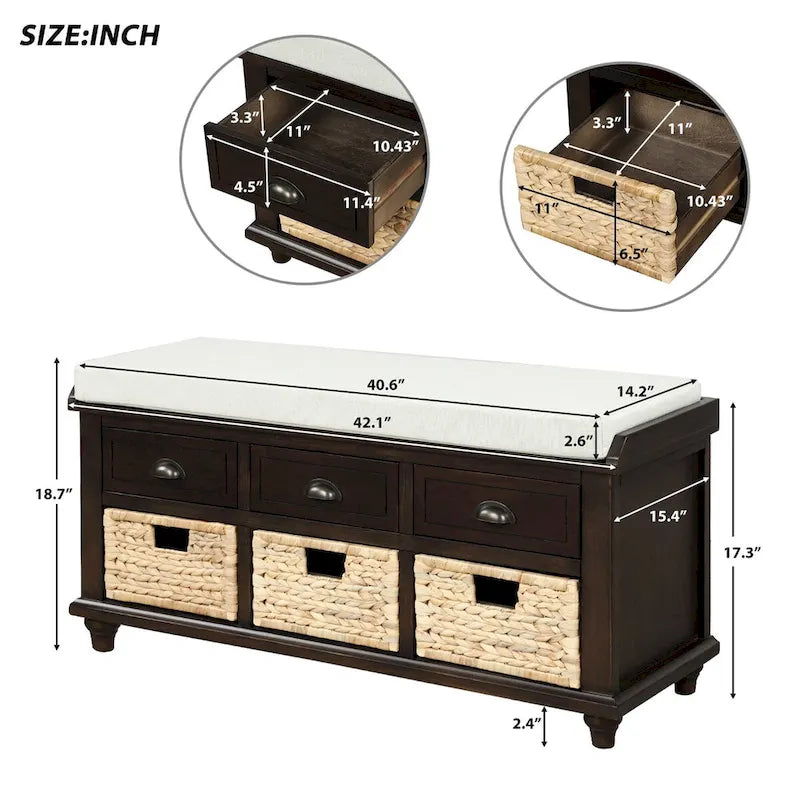 Rustic Storage Bench with Cushion, 3 Drawers & 3 Rattan Baskets