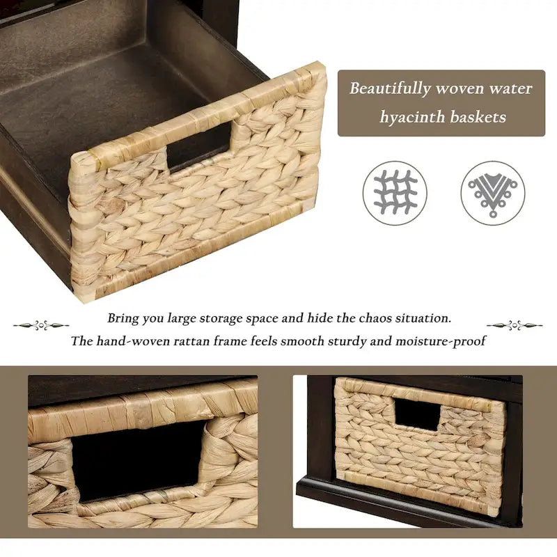 Rustic Storage Bench with Cushion, 3 Drawers & 3 Rattan Baskets