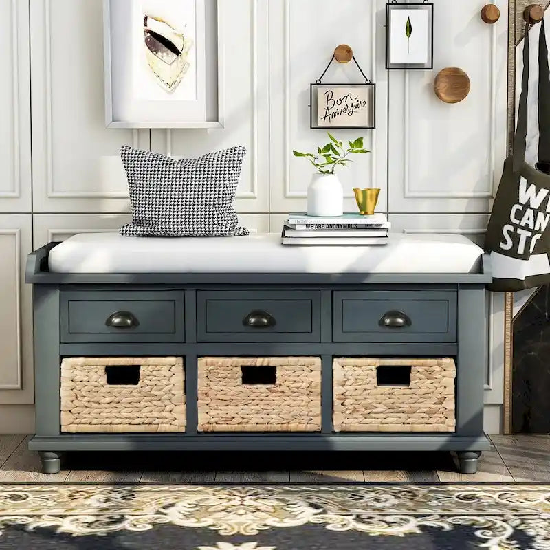 Rustic Storage Bench with Cushion, 3 Drawers & 3 Rattan Baskets