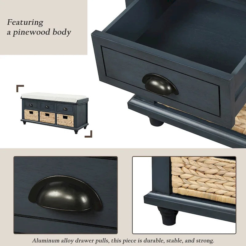 Rustic Storage Bench with Cushion, 3 Drawers & 3 Rattan Baskets