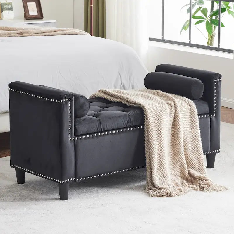 Velvet Storage Bench with Armrests, Button Tufting & Nailhead Trim