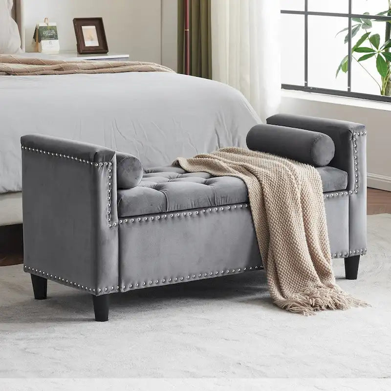 Velvet Storage Bench with Armrests, Button Tufting & Nailhead Trim