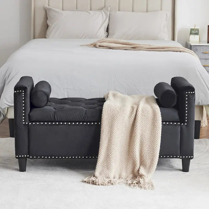 Velvet Storage Bench with Armrests, Button Tufting & Nailhead Trim