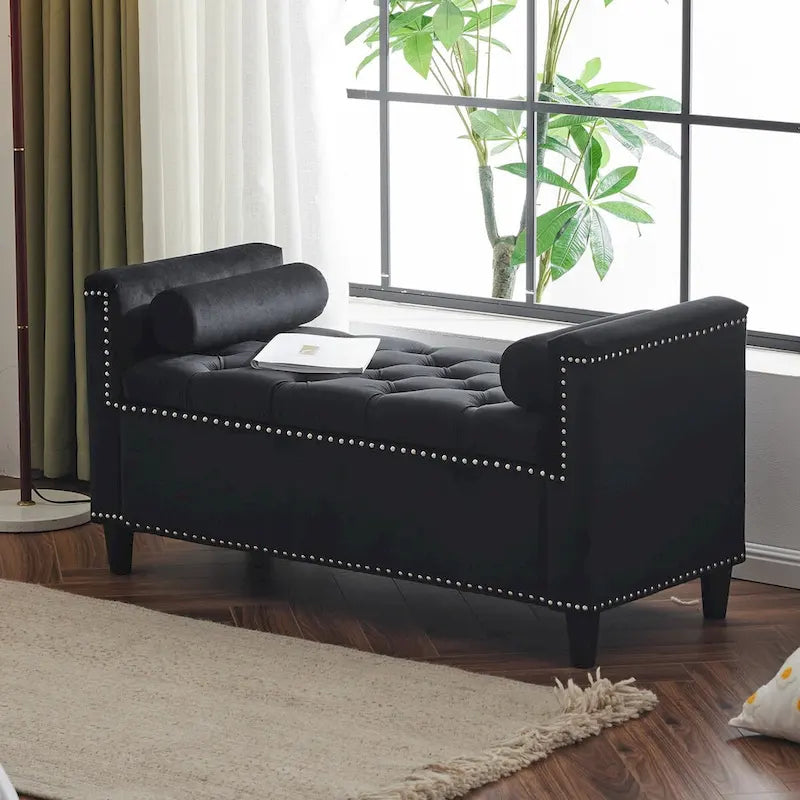 Velvet Storage Bench with Armrests, Button Tufting & Nailhead Trim