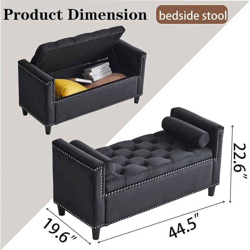 Velvet Storage Bench with Armrests, Button Tufting & Nailhead Trim