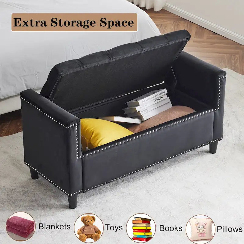 Velvet Storage Bench with Armrests, Button Tufting & Nailhead Trim