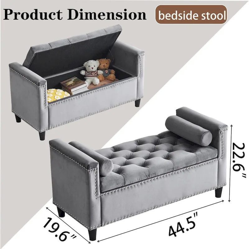 Velvet Storage Bench with Armrests, Button Tufting & Nailhead Trim