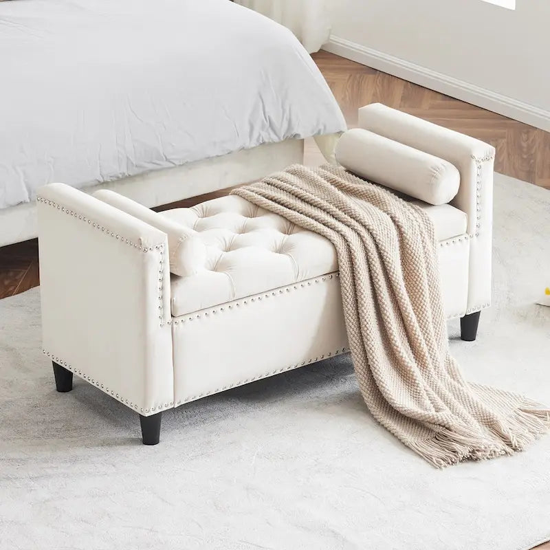 Velvet Storage Bench with Armrests, Button Tufting & Nailhead Trim