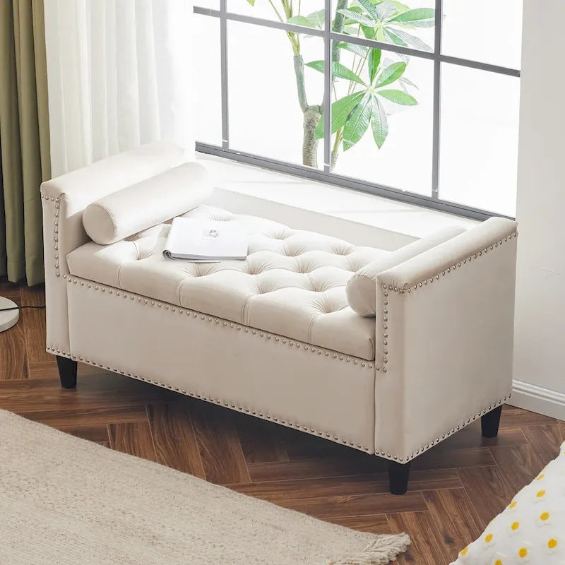 Velvet Storage Bench with Armrests, Button Tufting & Nailhead Trim