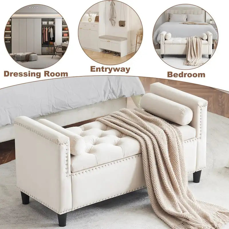 Velvet Storage Bench with Armrests, Button Tufting & Nailhead Trim