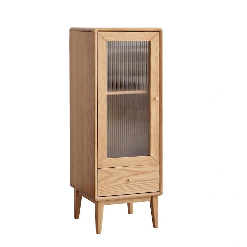Solid Oak Storage Cabinet with Glass Door, 2 Shelves and Drawer