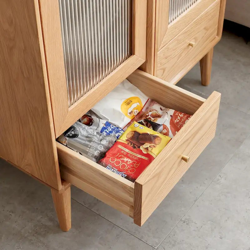 Solid Oak Storage Cabinet with Glass Door, 2 Shelves and Drawer