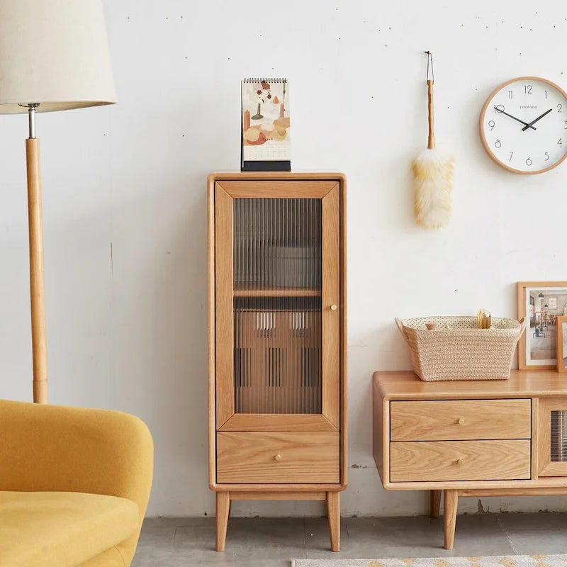 Solid Oak Storage Cabinet with Glass Door, 2 Shelves and Drawer
