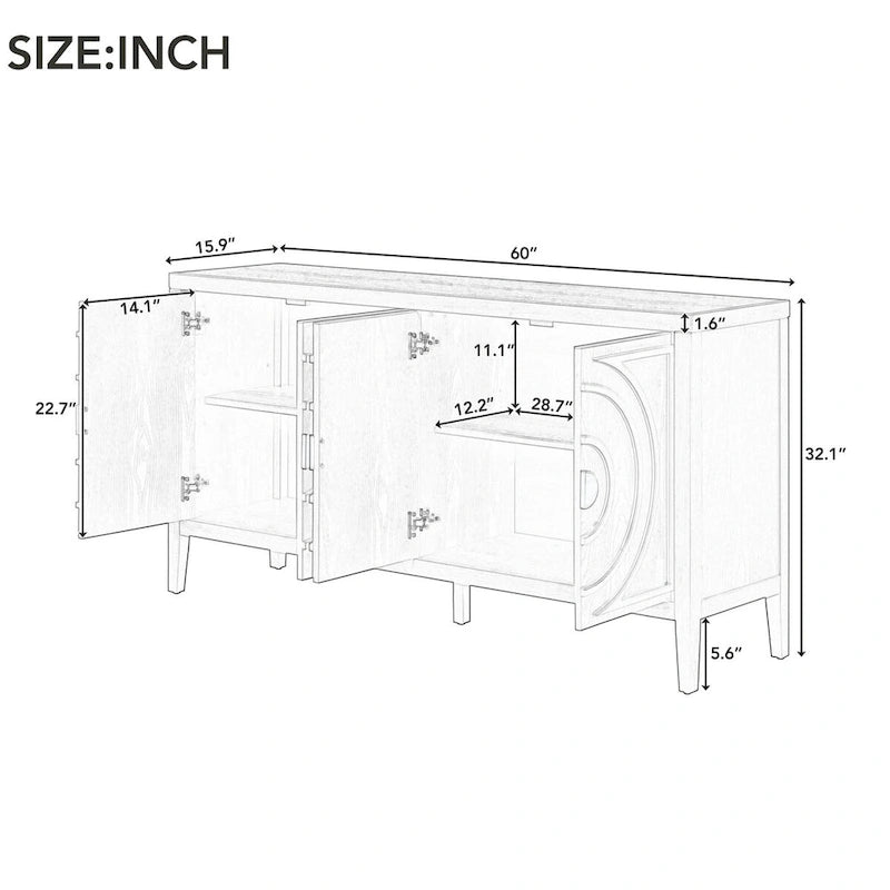 Retro 4-Door Sideboard Cabinet with Circular Groove Design & Round Metal Handles