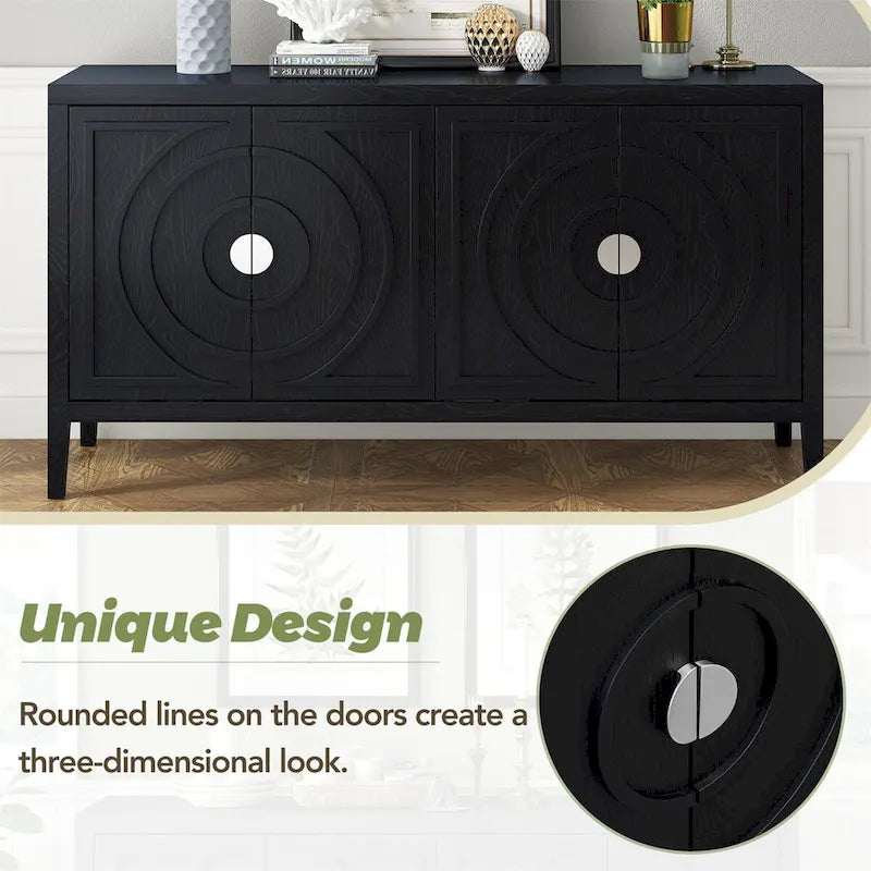 Retro 4-Door Sideboard Cabinet with Circular Groove Design & Round Metal Handles