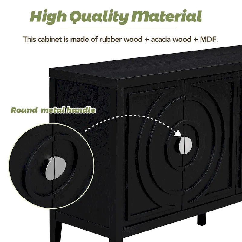 Retro 4-Door Sideboard Cabinet with Circular Groove Design & Round Metal Handles
