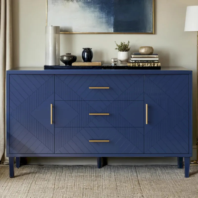 4-Door Storage Cabinet with Sculpted Doors, Pine Legs & Semi-Circle Pulls
