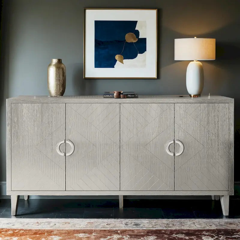 4-Door Storage Cabinet with Sculpted Doors, Pine Legs & Semi-Circle Pulls