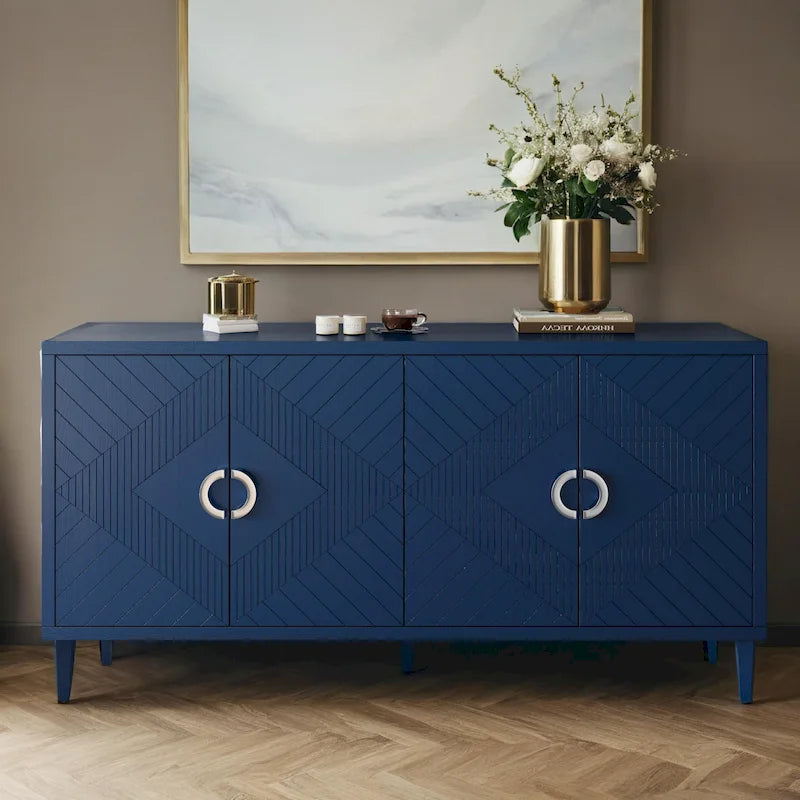 4-Door Storage Cabinet with Sculpted Doors, Pine Legs & Semi-Circle Pulls