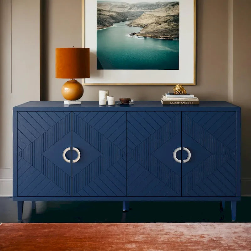 4-Door Storage Cabinet with Sculpted Doors, Pine Legs & Semi-Circle Pulls