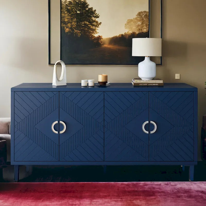 4-Door Storage Cabinet with Sculpted Doors, Pine Legs & Semi-Circle Pulls