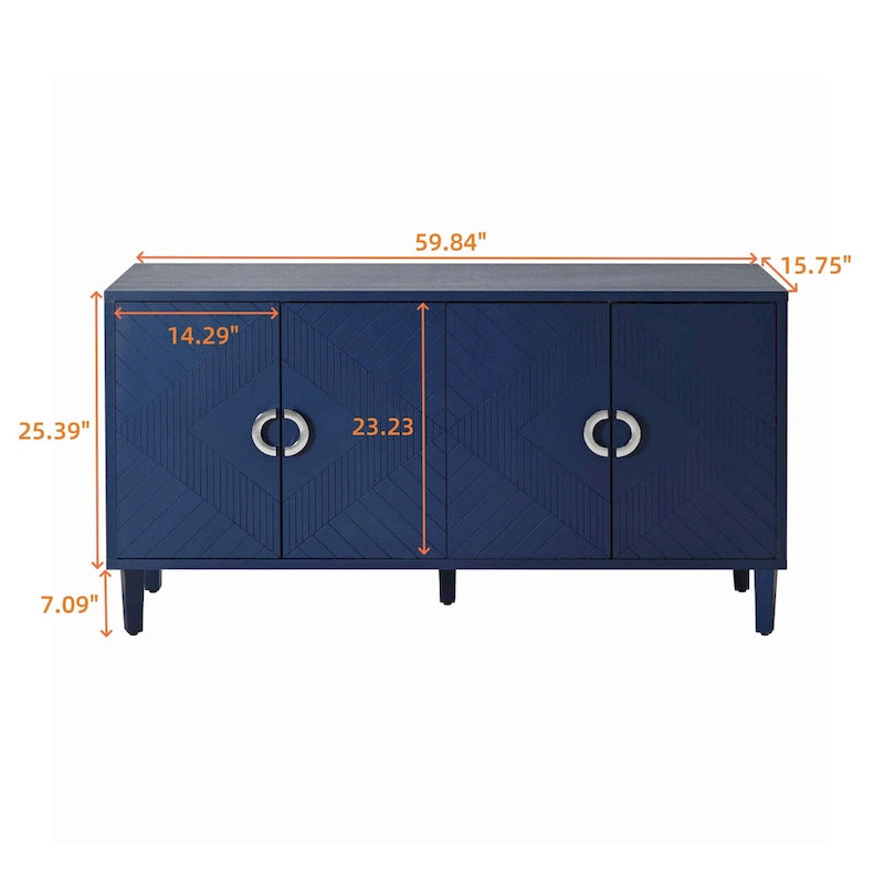 4-Door Storage Cabinet with Sculpted Doors, Pine Legs & Semi-Circle Pulls