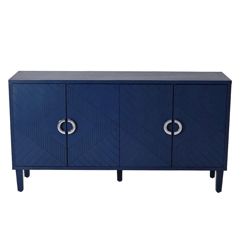 4-Door Storage Cabinet with Sculpted Doors, Pine Legs & Semi-Circle Pulls