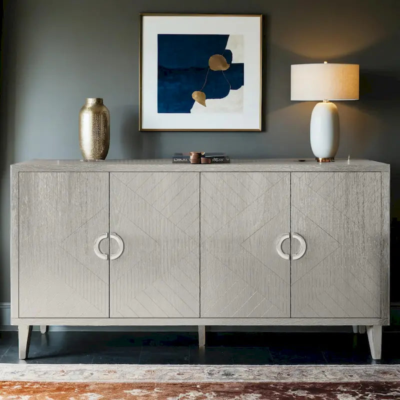 4-Door Storage Cabinet with Sculpted Doors, Pine Legs & Semi-Circle Pulls