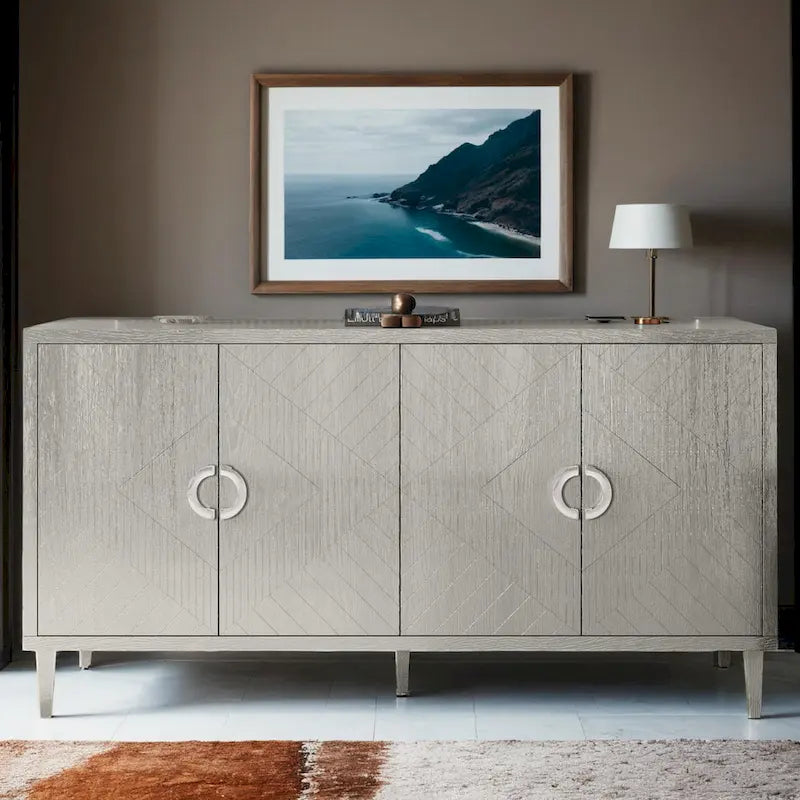 4-Door Storage Cabinet with Sculpted Doors, Pine Legs & Semi-Circle Pulls