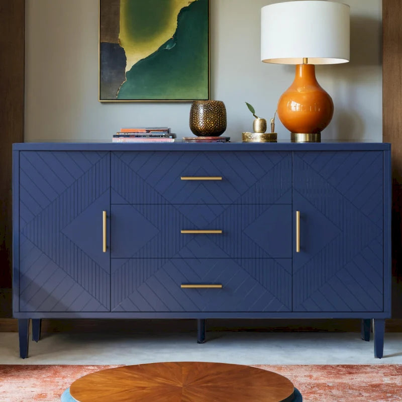 4-Door Storage Cabinet with Sculpted Doors, Pine Legs & Semi-Circle Pulls