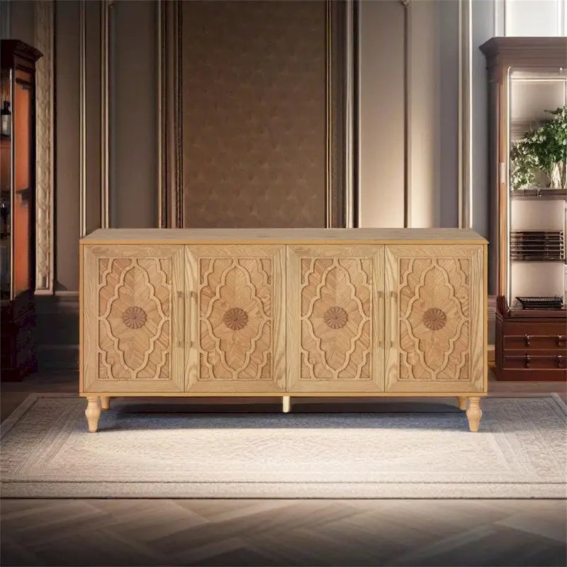 Large Storage Cabinet with Carved Floral Doors and Metal Handles