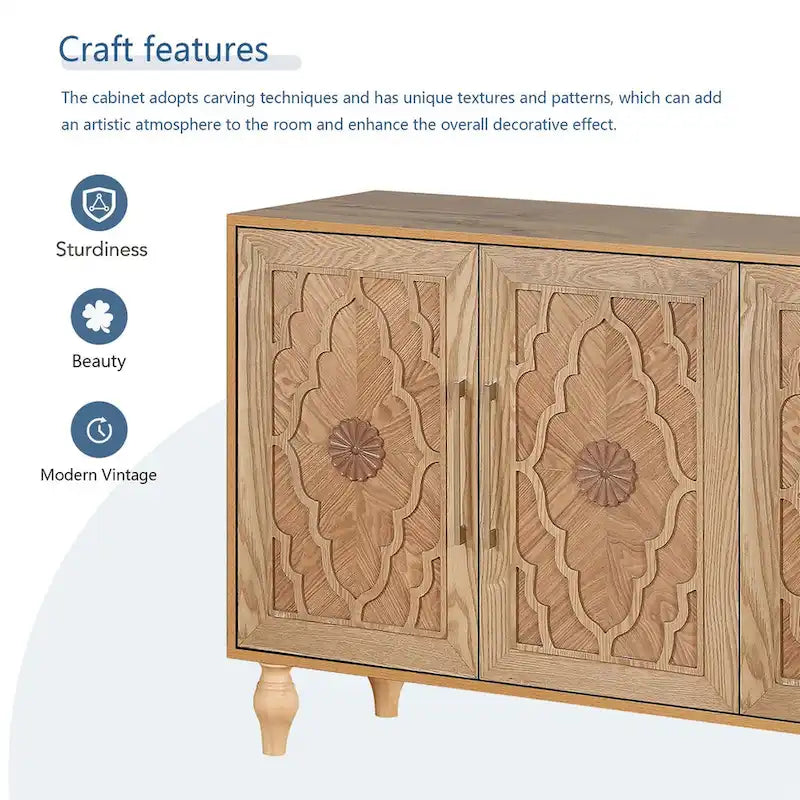 Large Storage Cabinet with Carved Floral Doors and Metal Handles