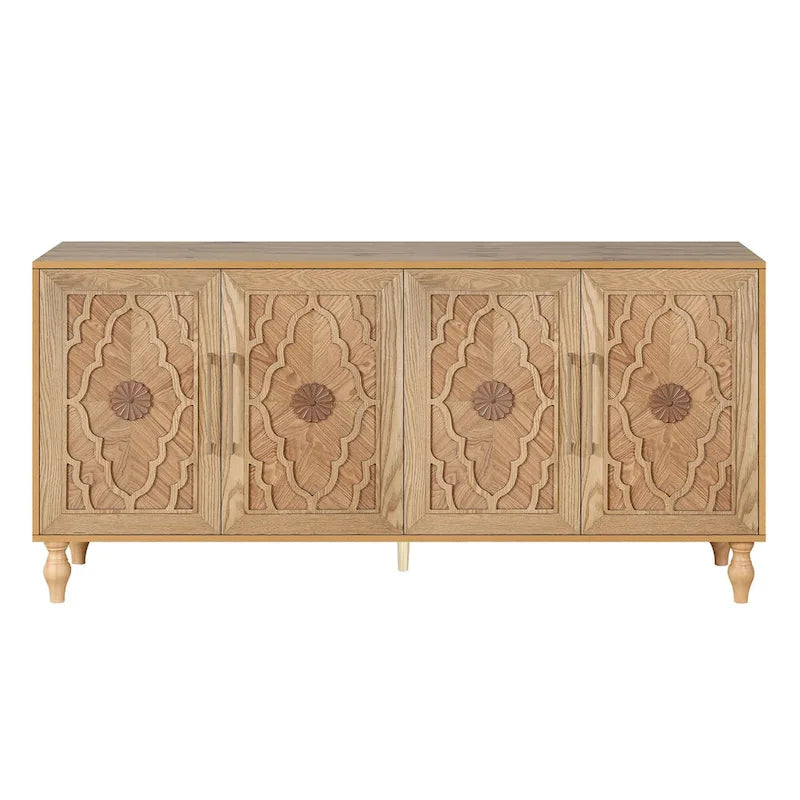 Large Storage Cabinet with Carved Floral Doors and Metal Handles