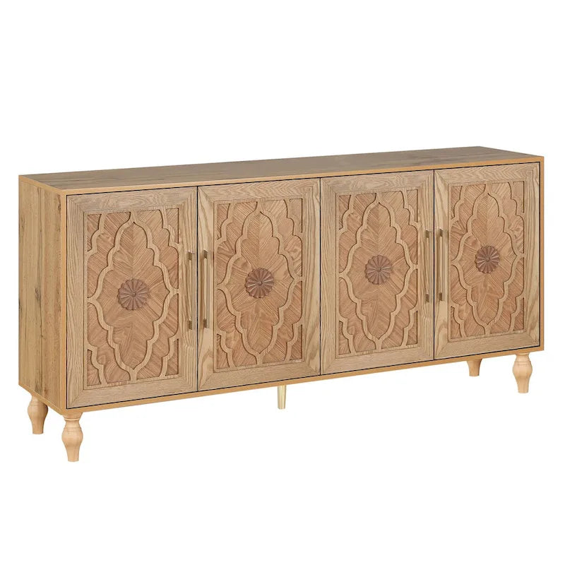 Large Storage Cabinet with Carved Floral Doors and Metal Handles