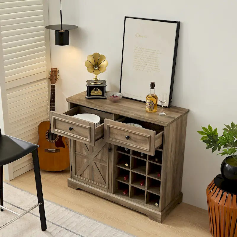 Rustic Buffet Cabinet with 12-Bottle Wine Rack & 2 Drawers