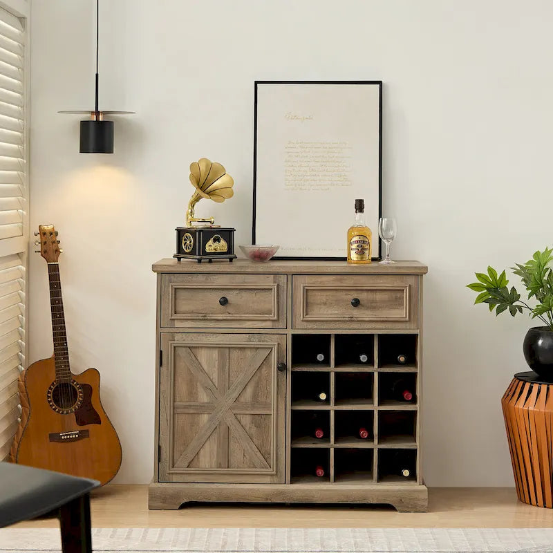 Rustic Buffet Cabinet with 12-Bottle Wine Rack & 2 Drawers