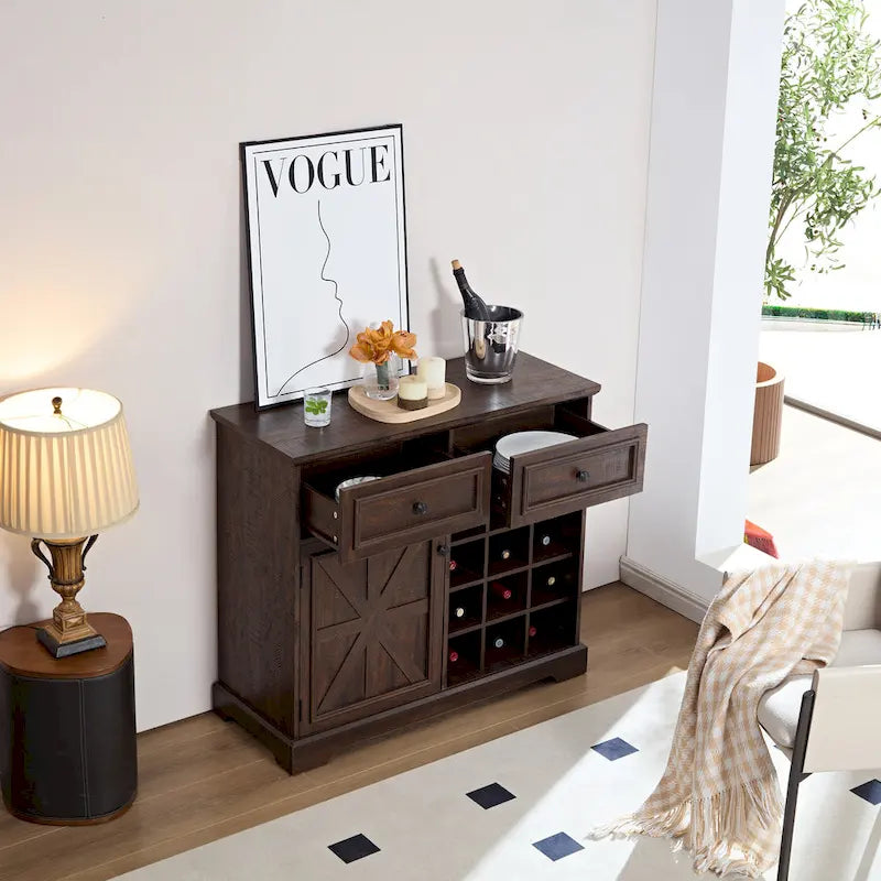 Rustic Buffet Cabinet with 12-Bottle Wine Rack & 2 Drawers