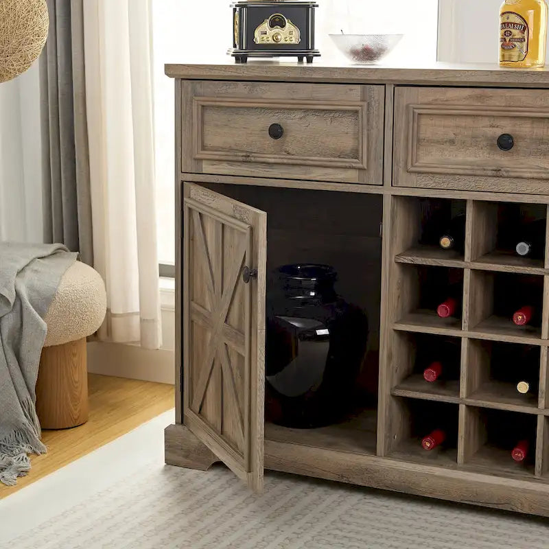 Rustic Buffet Cabinet with 12-Bottle Wine Rack & 2 Drawers
