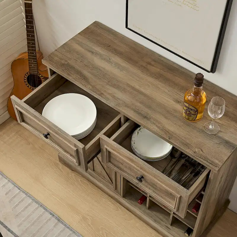 Rustic Buffet Cabinet with 12-Bottle Wine Rack & 2 Drawers