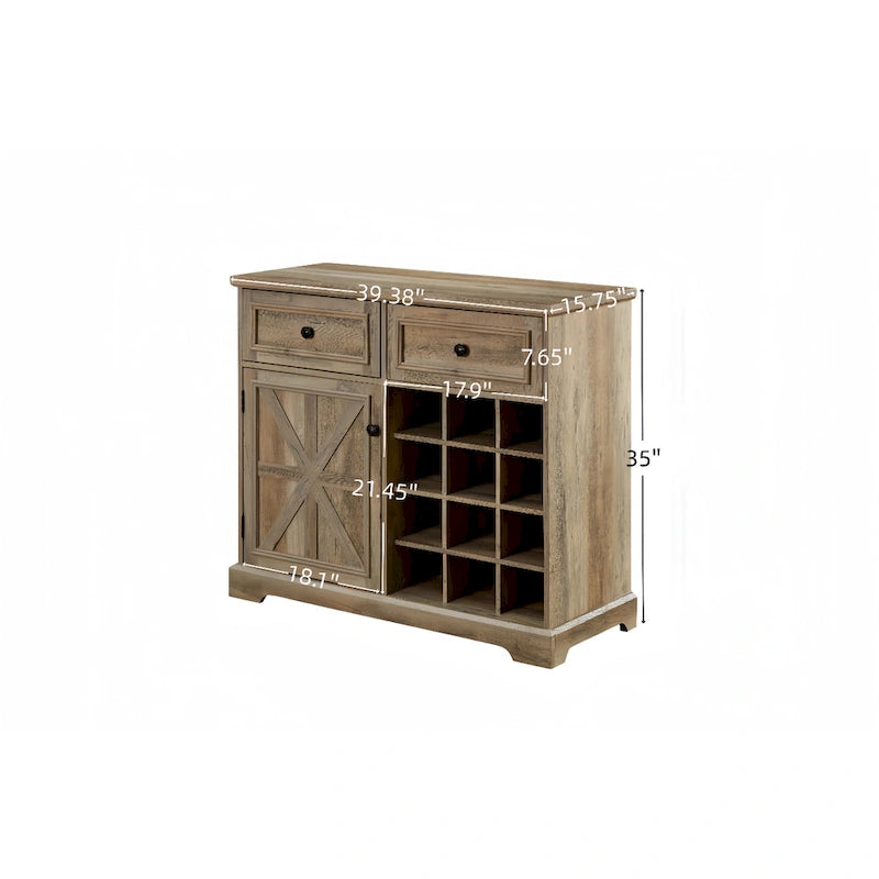Rustic Buffet Cabinet with 12-Bottle Wine Rack & 2 Drawers